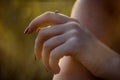 Close up woman holding ladybug on finger concept photo Royalty Free Stock Photo