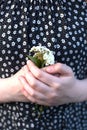 A close-up of a woman holding a mini-bouquet of clover flowers with a blue lace ribbon in both hands. Royalty Free Stock Photo