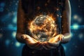 Close up of woman holding planet earth in her hands. 3D rendering, Close up of woman hand holding global network connection