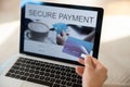 Close up woman holding plastic credit card, using laptop Royalty Free Stock Photo