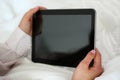 Woman holding tablet device with locked screen, turned off gadget Royalty Free Stock Photo