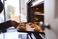 Close Up Of Woman At Home Putting Baking Tray Of Cookies In Oven Royalty Free Stock Photo