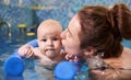 Loving mother teaching cute baby to swim. Royalty Free Stock Photo