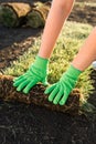 Close up woman laying sod for new garden lawn - turf laying concept Royalty Free Stock Photo