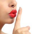 Close up of a woman lips with finger asking for silence Royalty Free Stock Photo