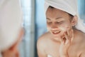 Close up woman looking her face in the mirror with smiling after bath, health care and beauty Royalty Free Stock Photo