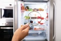 Woman Looking Refrigerator Through Magnifying Glass Royalty Free Stock Photo