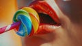 A close up of a woman with the love of candy, is enjoying a swirl lollipop bursting with color and flavor