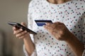 Close up of woman make payment online with credit card Royalty Free Stock Photo