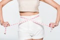 Close Up Woman measuring her waistline with measure line Royalty Free Stock Photo