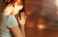 close up of woman meditating at yoga studio Royalty Free Stock Photo