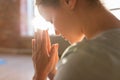 Close up of woman meditating at yoga studio Royalty Free Stock Photo