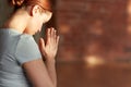 Close up of woman meditating at yoga studio Royalty Free Stock Photo