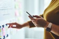 Woman with mobile phone planning website on whiteboard