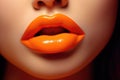 Sexy Orange Lips with face. Makeup Detail. Close up. Sensual Open Mouth. Lipstick or Lipgloss