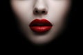 Sexy Beauty Red Lips. Makeup Detail. Closeup on black background. Sensual Open Mouth. Lipstick matt