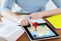 Close up of woman with navigator map on tablet pc Royalty Free Stock Photo