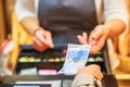 Woman is paying In cash with euro banknotes Royalty Free Stock Photo