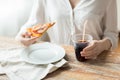 Close up of woman with pizza and coca cola drink Royalty Free Stock Photo