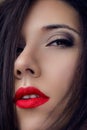 Close-up woman portrait. Sensual red lips. Light smoky eyes, arr Royalty Free Stock Photo