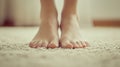 A close up of a woman& x27;s bare feet on the carpet, AI
