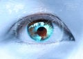 Close-up of woman`s blue eye the futuristic, contact lens, eye c