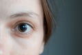 Close-up of a woman's brown eye with dilated big pupil after eye drops. Royalty Free Stock Photo