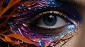 A close up of a woman\'s eye with colorful makeup