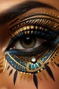 A close up of a woman's eye with gold and blue makeup. Generative AI image.