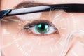 Close-up of woman's eye. High technologies in the futuristic. :