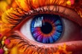 Close-up of a woman\'s eye in multi colored flowers. Generative AI technology