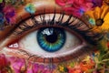Close-up of a woman\'s eye in multi colored flowers. Generative AI technology