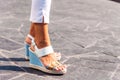 Close-up of woman`s feet with sandals