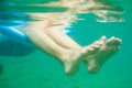 Close up of woman`s feet underwater flowing and floating while swimming in the sea with a flotation device known as pool noodle Royalty Free Stock Photo