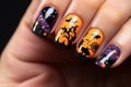 Close up of woman\'s fingernails with Halloween nail art