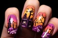 Close up of woman\'s fingernails with Halloween nail art