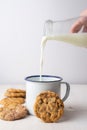 Close-up of woman`s hand with bottle, pouring milk over white cup and chocolate chip cookies, on white background Royalty Free Stock Photo