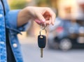 Close up of a woman's hand holding car keys, showing a new vehicle with a blurred background. A woman in casual is Royalty Free Stock Photo