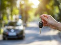 Close up of a woman& x27;s hand holding car keys, showing a new vehicle with a blurred background. A woman in casual is Royalty Free Stock Photo