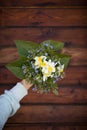 Close up of woman`s hand holding garden flowers. Beautiful spring bouquet of narcissus, forget me not and fresh leaves Royalty Free Stock Photo