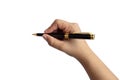 Close-up of a woman`s hand holding a pen and writing gesture on a white background Royalty Free Stock Photo