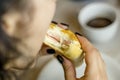 Close up of woman& x27;s hand holding sandwich Royalty Free Stock Photo