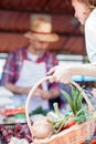 Close-up of a woman`s hand holding a shopping basket full of fresh organic vegetables