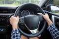 Close-up Of Woman's Hand Holding Steering Wheel