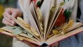 Close-up of a woman's hand leafing through the pages of a book. Autumn leaves are nested between the pages of the book Royalty Free Stock Photo