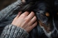 Close up of woman\'s hand patting sleeping dog