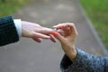 Close-up Of Woman`s Hand Putting Golden Ring On Man`s Finger Royalty Free Stock Photo