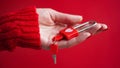 Close-up of a woman`s hand in a red sweater holding a padlock with a heart with keys on a red background.The concept of Valentine Royalty Free Stock Photo