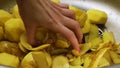 Close up. A woman`s hand searches for potatoes in a mountain of peelings