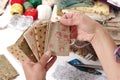 Close up of woman`s hand sewing patchwork Royalty Free Stock Photo